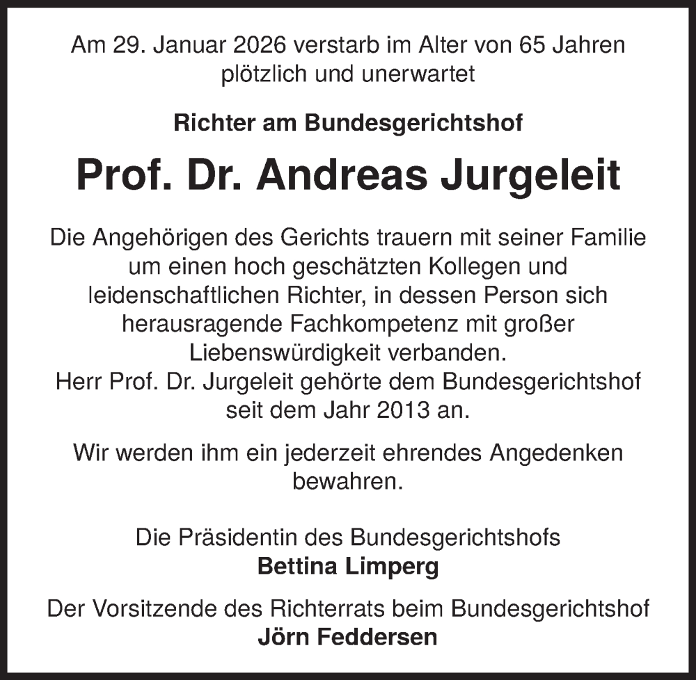  Traueranzeige für Andreas Jurgeleit vom 07.02.2026 aus Tageszeitung