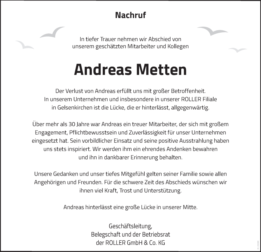  Traueranzeige für Andreas Metten vom 07.02.2026 aus Tageszeitung