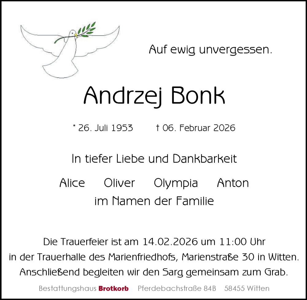  Traueranzeige für Andrzej Bonk vom 11.02.2026 aus Tageszeitung