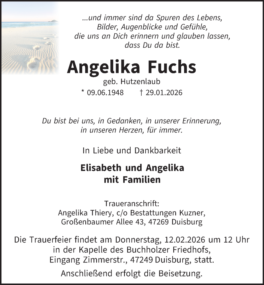  Traueranzeige für Angelika Fuchs vom 07.02.2026 aus Tageszeitung