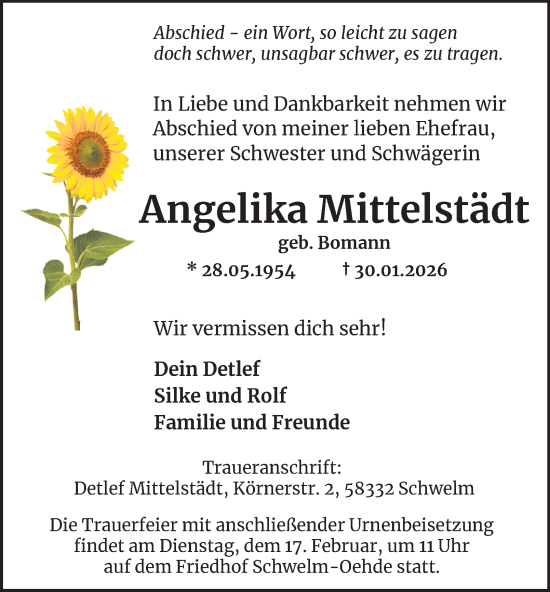 Traueranzeige von Angelika Mittelstädt von Tageszeitung