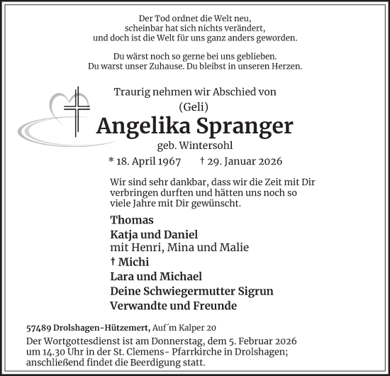 Traueranzeige von Angelika Spranger von Tageszeitung
