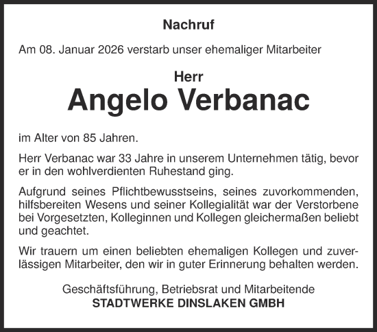 Traueranzeige von Angelo Verbanac von Tageszeitung