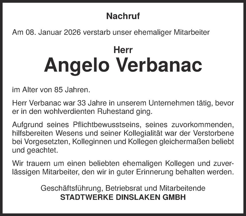  Traueranzeige für Angelo Verbanac vom 06.02.2026 aus Tageszeitung