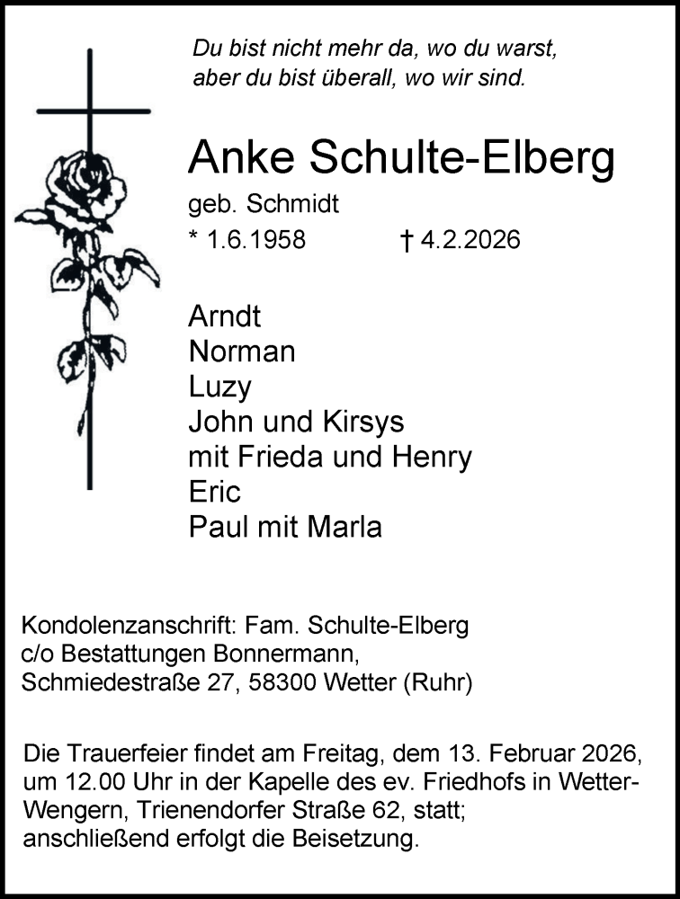  Traueranzeige für Anke Schulte-Elberg vom 11.02.2026 aus Tageszeitung