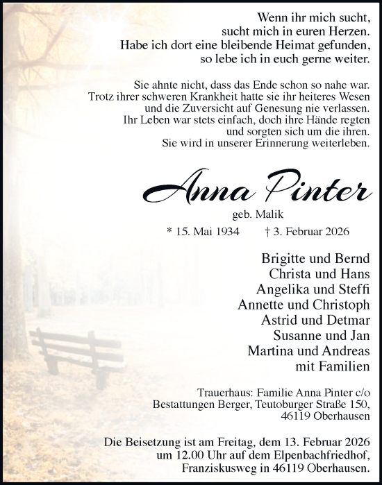 Traueranzeige von Anna Pinter von Tageszeitung