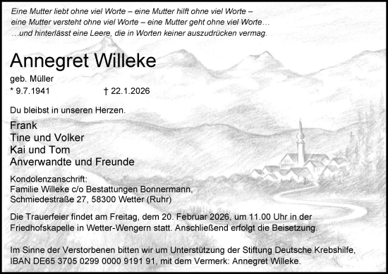 Traueranzeige von Annegret Willeke von Tageszeitung