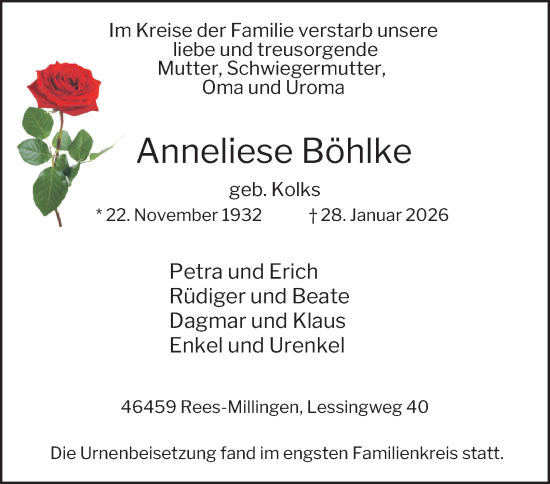 Traueranzeige von Anneliese Böhlke von Tageszeitung