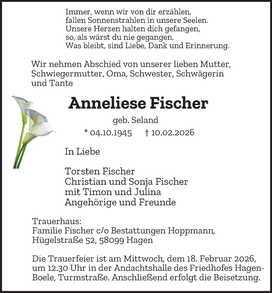  Traueranzeige für Anneliese Fischer vom 14.02.2026 aus Tageszeitung