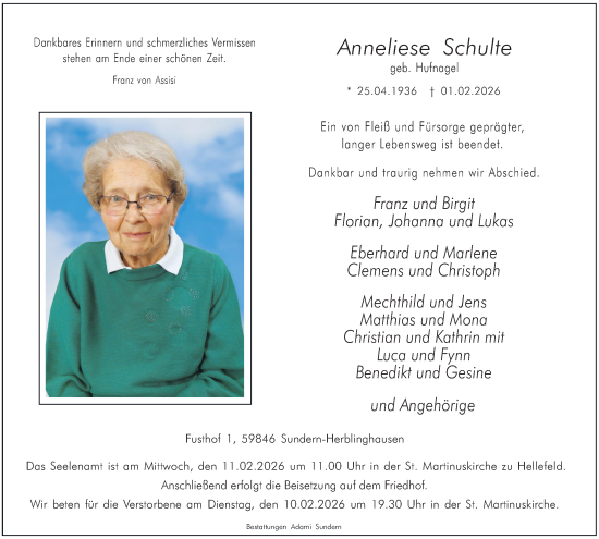 Traueranzeige von Anneliese Schulte von Tageszeitung
