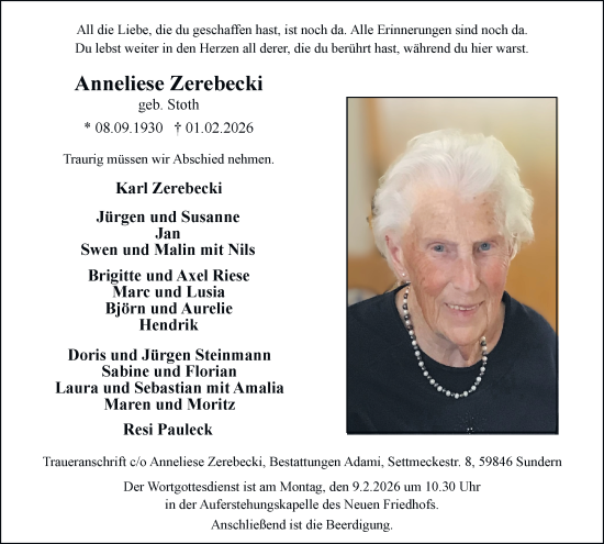 Traueranzeige von Anneliese Zerebecki von Tageszeitung
