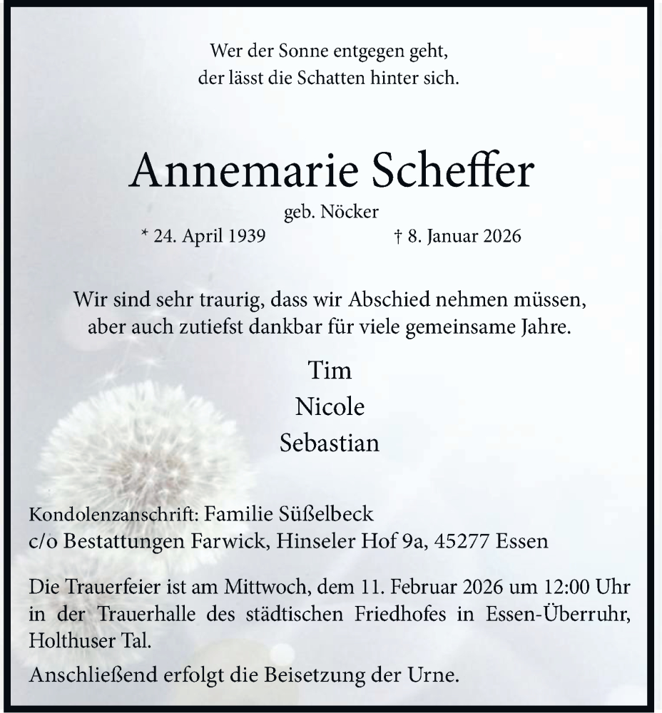  Traueranzeige für Annemarie Scheffer vom 07.02.2026 aus Tageszeitung
