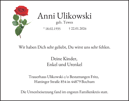 Traueranzeige von Anni Ulikowski von Tageszeitung