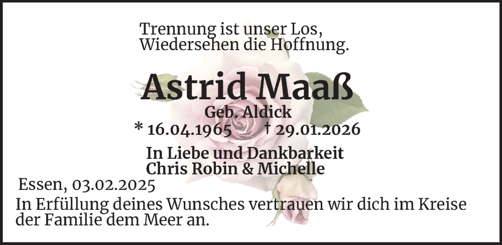  Traueranzeige für Astrid Maaß vom 07.02.2026 aus Tageszeitung
