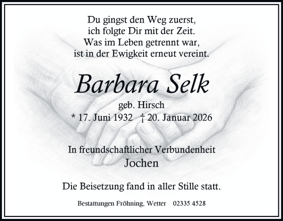 Traueranzeige von Barbara Selk von Tageszeitung
