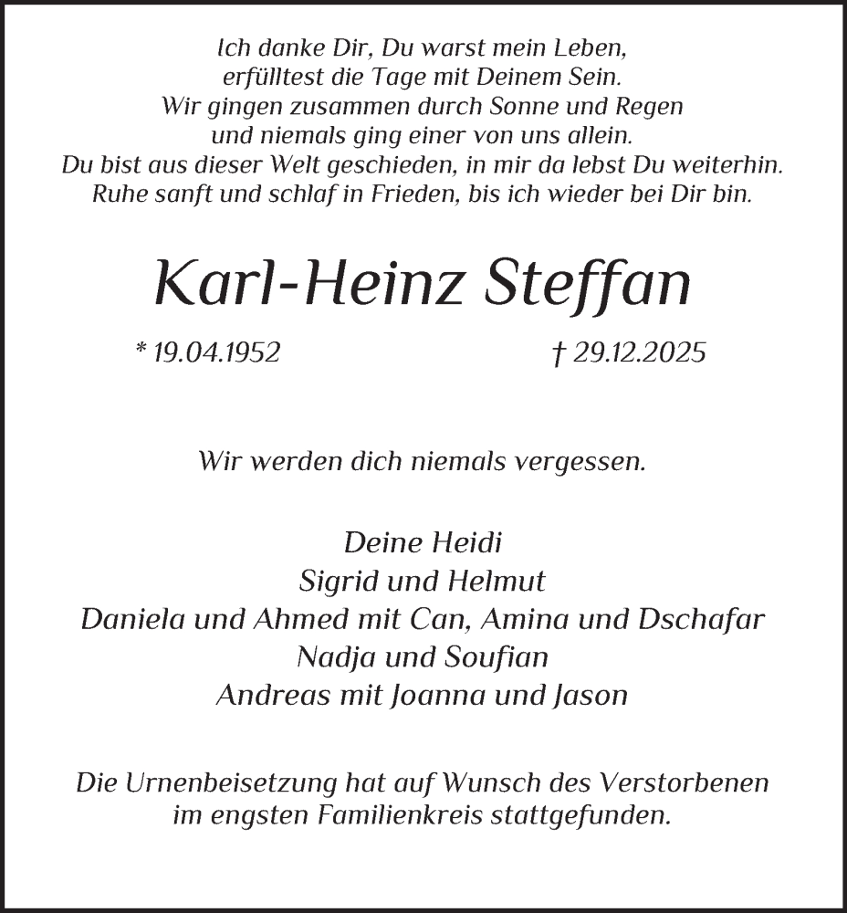  Traueranzeige für Karl-Heinz Steffan vom 31.01.2026 aus Tageszeitung