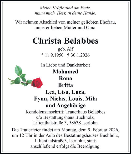 Traueranzeige von Christa Belabbes von Tageszeitung