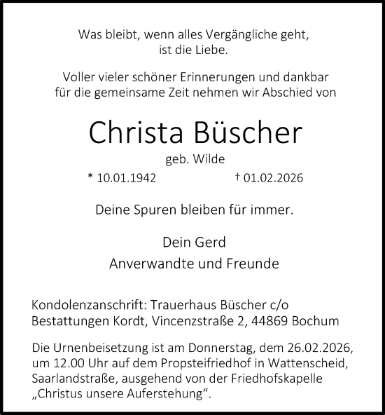 Traueranzeige von Christa Büscher von Tageszeitung