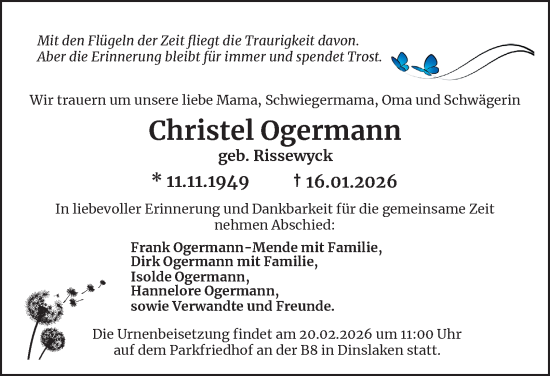 Traueranzeige von Christel Ogermann von Tageszeitung