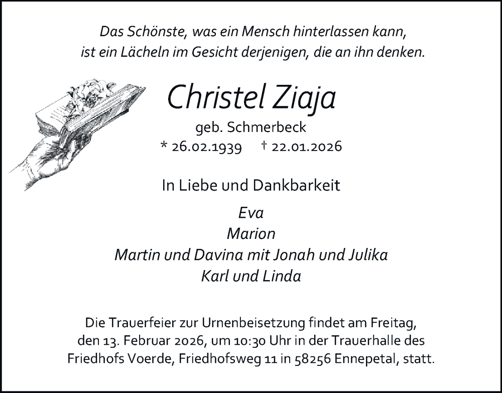  Traueranzeige für Christel Ziaja vom 07.02.2026 aus Tageszeitung