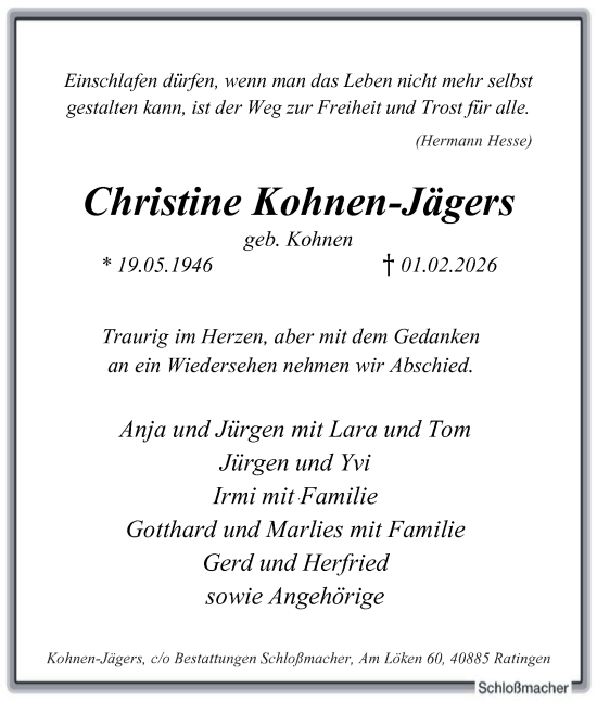 Traueranzeige von Christine Kohnen-Jägers von Tageszeitung