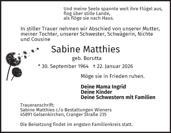 Traueranzeige von Sabine Matthies von Tageszeitung