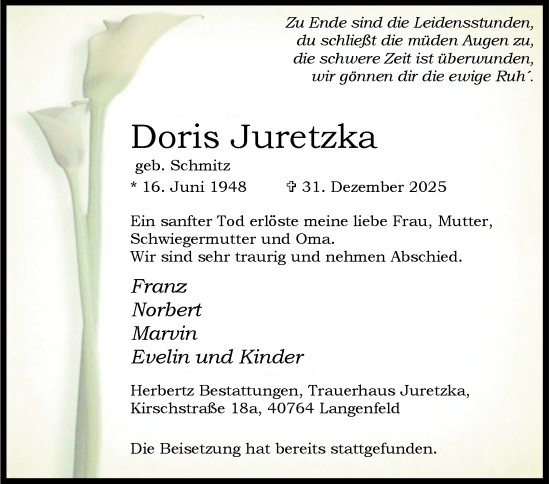 Traueranzeige von Doris Juretzka von Tageszeitung