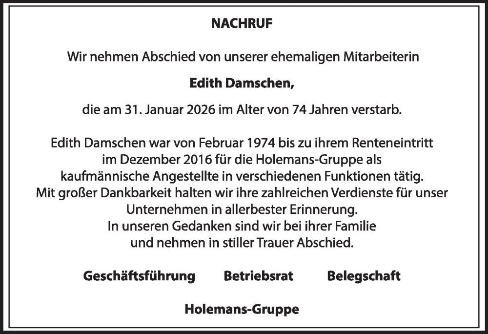  Traueranzeige für Edith Damschen vom 12.02.2026 aus Tageszeitung