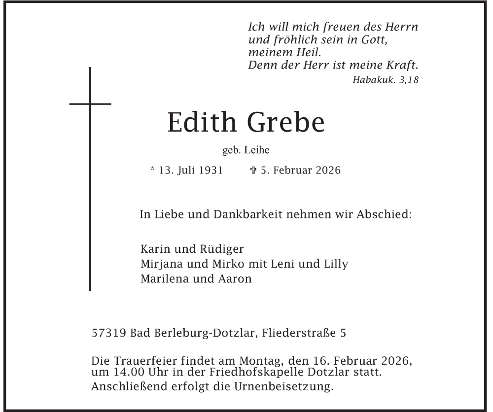  Traueranzeige für Edith Grebe vom 11.02.2026 aus Tageszeitung