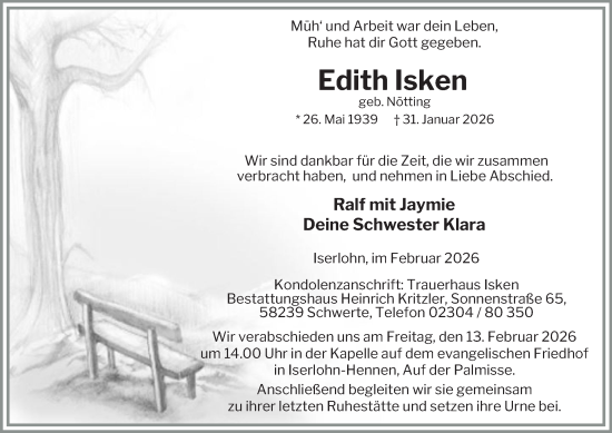 Traueranzeige von Edith Isken von Tageszeitung