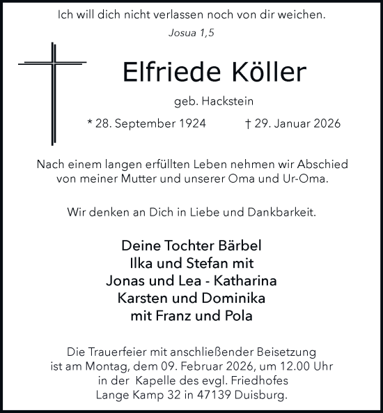 Traueranzeige von Elfriede Köller von Tageszeitung
