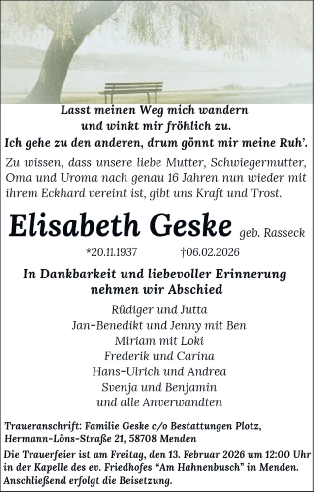  Traueranzeige für Elisabeth Geske vom 11.02.2026 aus Tageszeitung