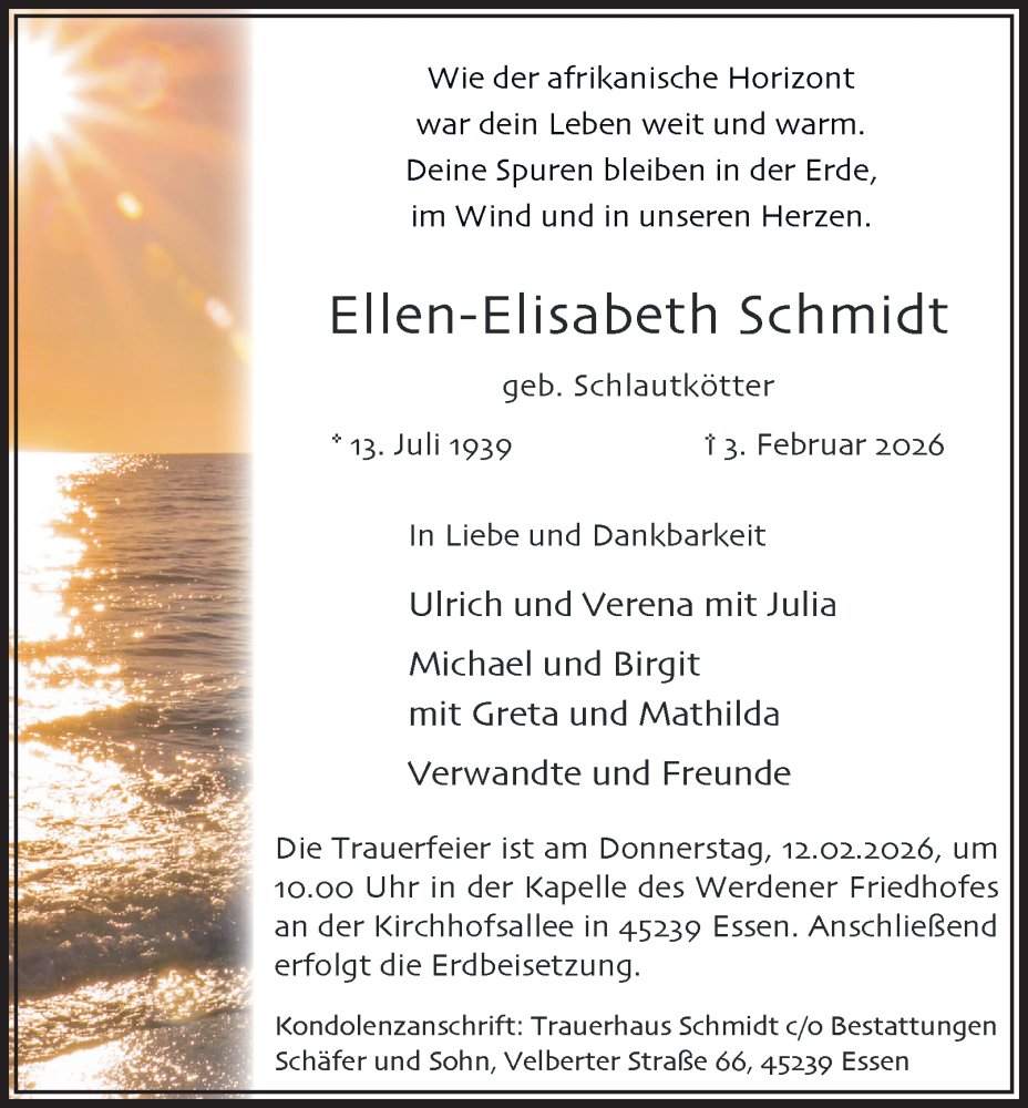  Traueranzeige für Ellen-Elisabeth Schmidt vom 07.02.2026 aus Tageszeitung