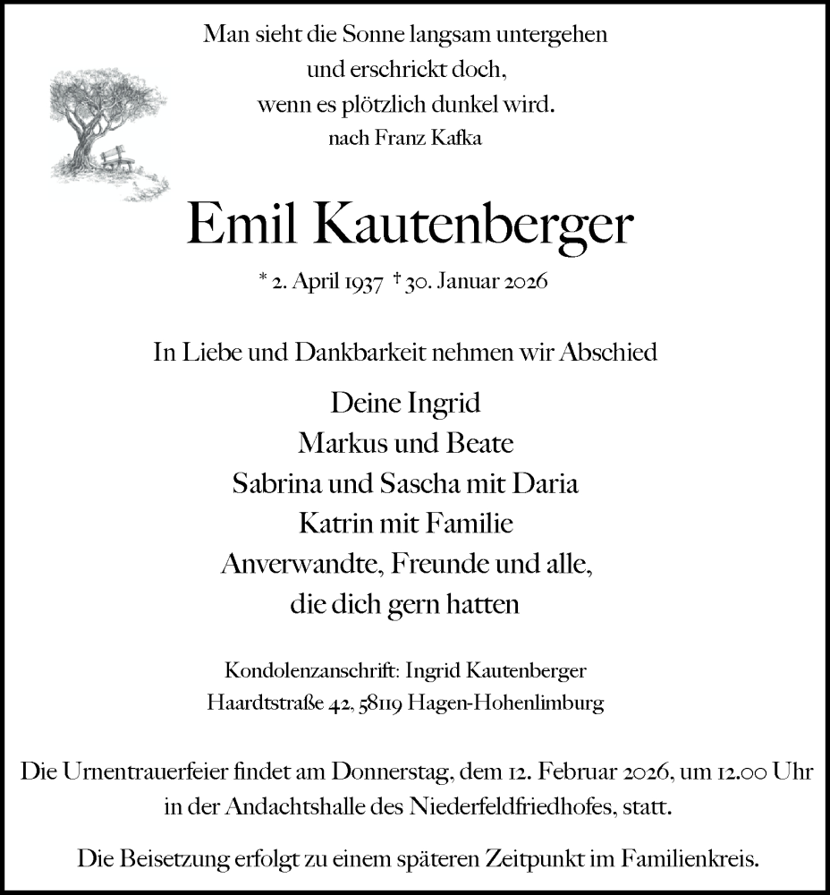  Traueranzeige für Emil Kautenberger vom 07.02.2026 aus Tageszeitung