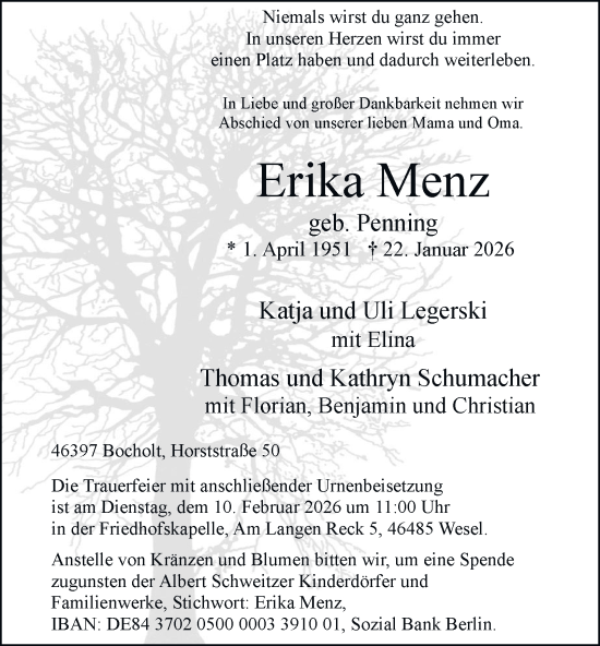 Traueranzeige von Erika Menz von Tageszeitung