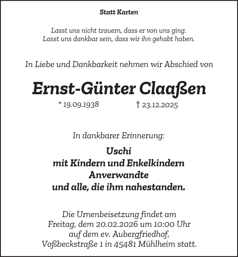  Traueranzeige für Ernst-Günter Claaßen vom 07.02.2026 aus Tageszeitung