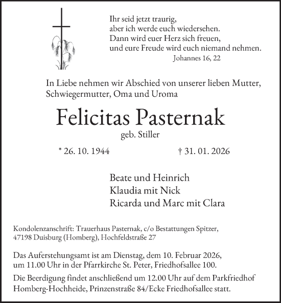 Traueranzeige von Felicitas Pasternak von Tageszeitung