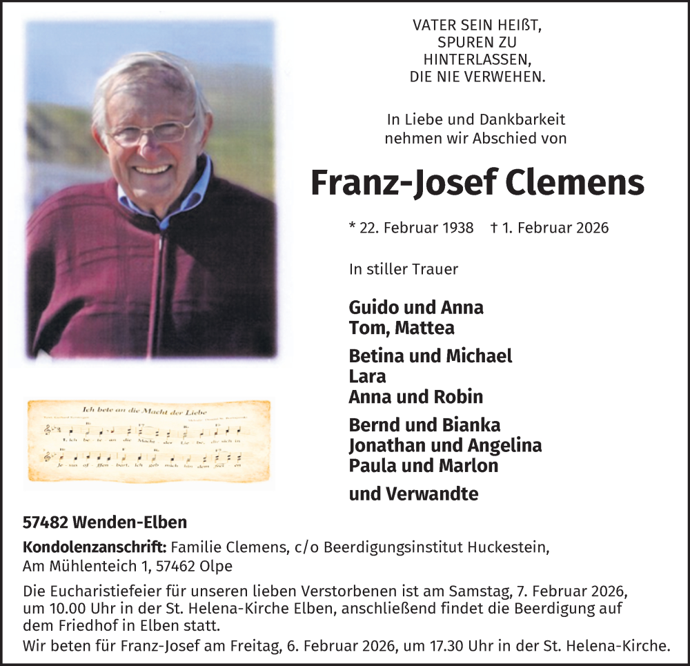  Traueranzeige für Franz-Josef Clemens vom 05.02.2026 aus Tageszeitung