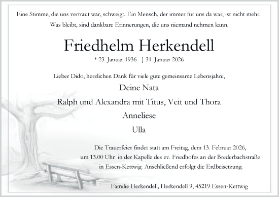 Traueranzeige von Friedhelm Herkendell von Tageszeitung