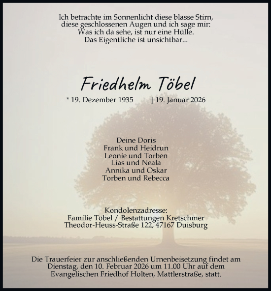 Traueranzeige von Friedhelm Töbel von Tageszeitung