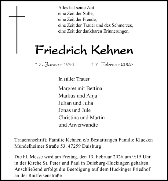 Traueranzeige von Friedrich Kehnen von Tageszeitung
