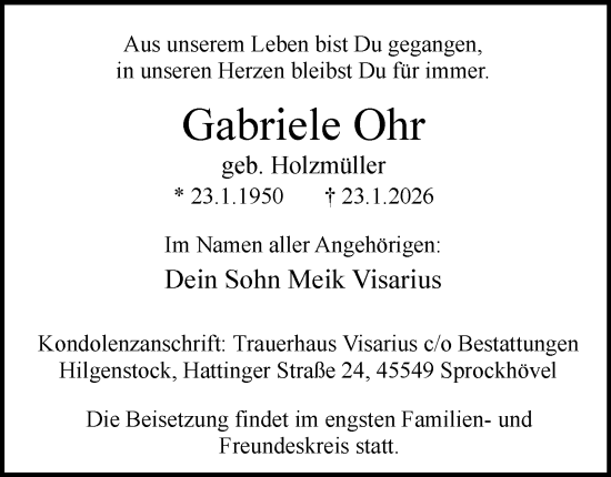 Traueranzeige von Gabriele Ohr von Tageszeitung