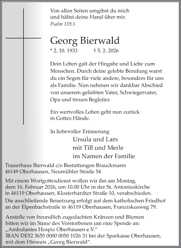 Traueranzeige für Georg Bierwald vom 11.02.2026 aus Tageszeitung