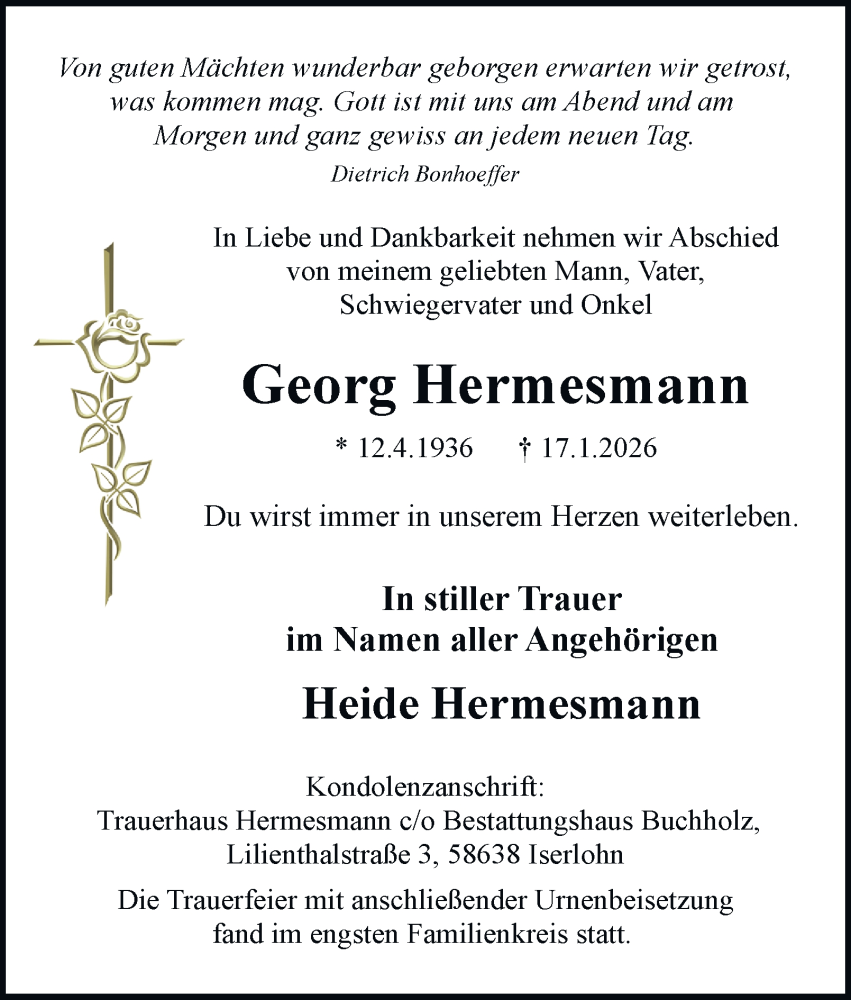  Traueranzeige für Georg Hermesmann vom 07.02.2026 aus Tageszeitung