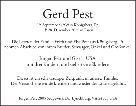 Traueranzeige von Gerd Pest von Tageszeitung