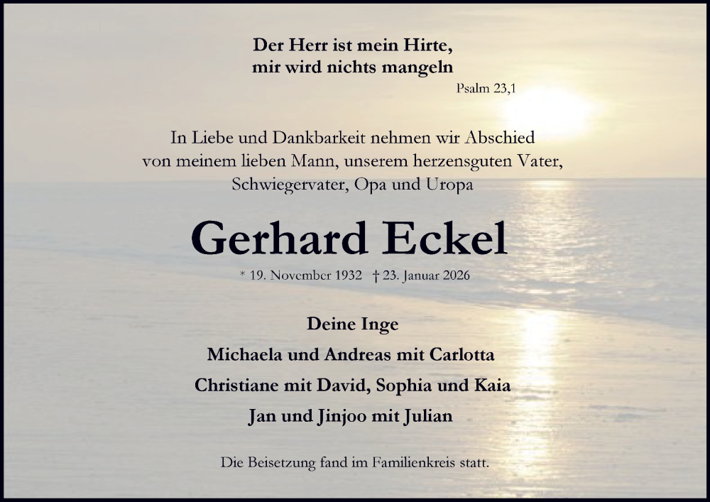  Traueranzeige für Gerhard Eckel vom 07.02.2026 aus Tageszeitung