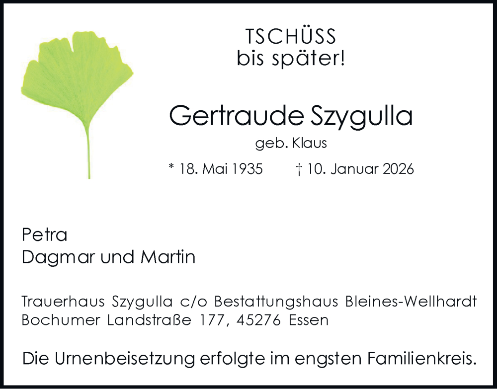  Traueranzeige für Gertraude Szygulla vom 07.02.2026 aus Tageszeitung