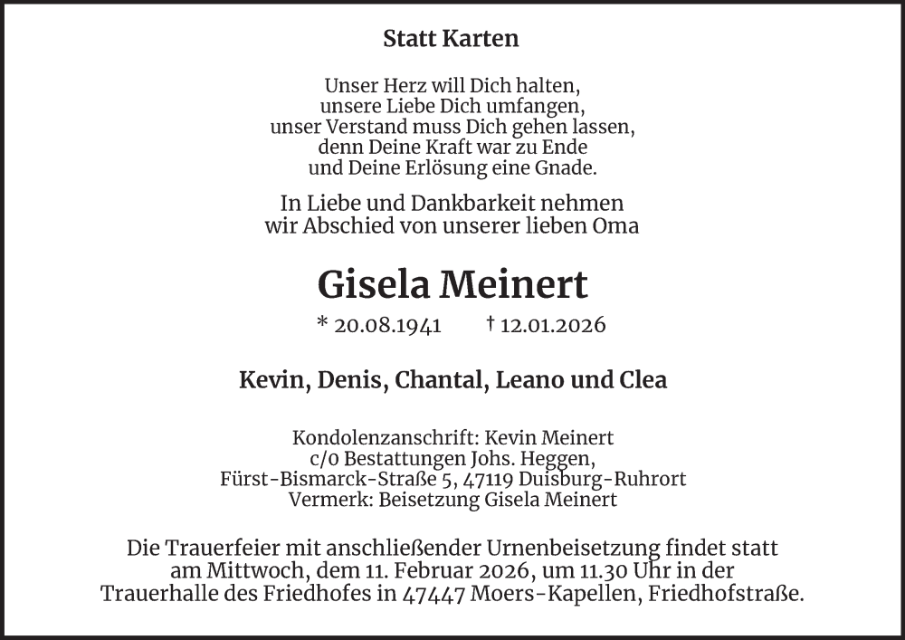  Traueranzeige für Gisela Meinert vom 07.02.2026 aus Tageszeitung