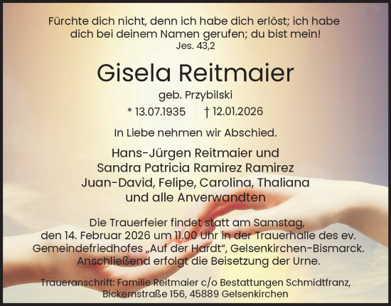 Traueranzeige von Gisela Reitmaier von Tageszeitung