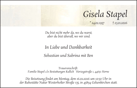 Traueranzeige von Gisela Stapel von Tageszeitung